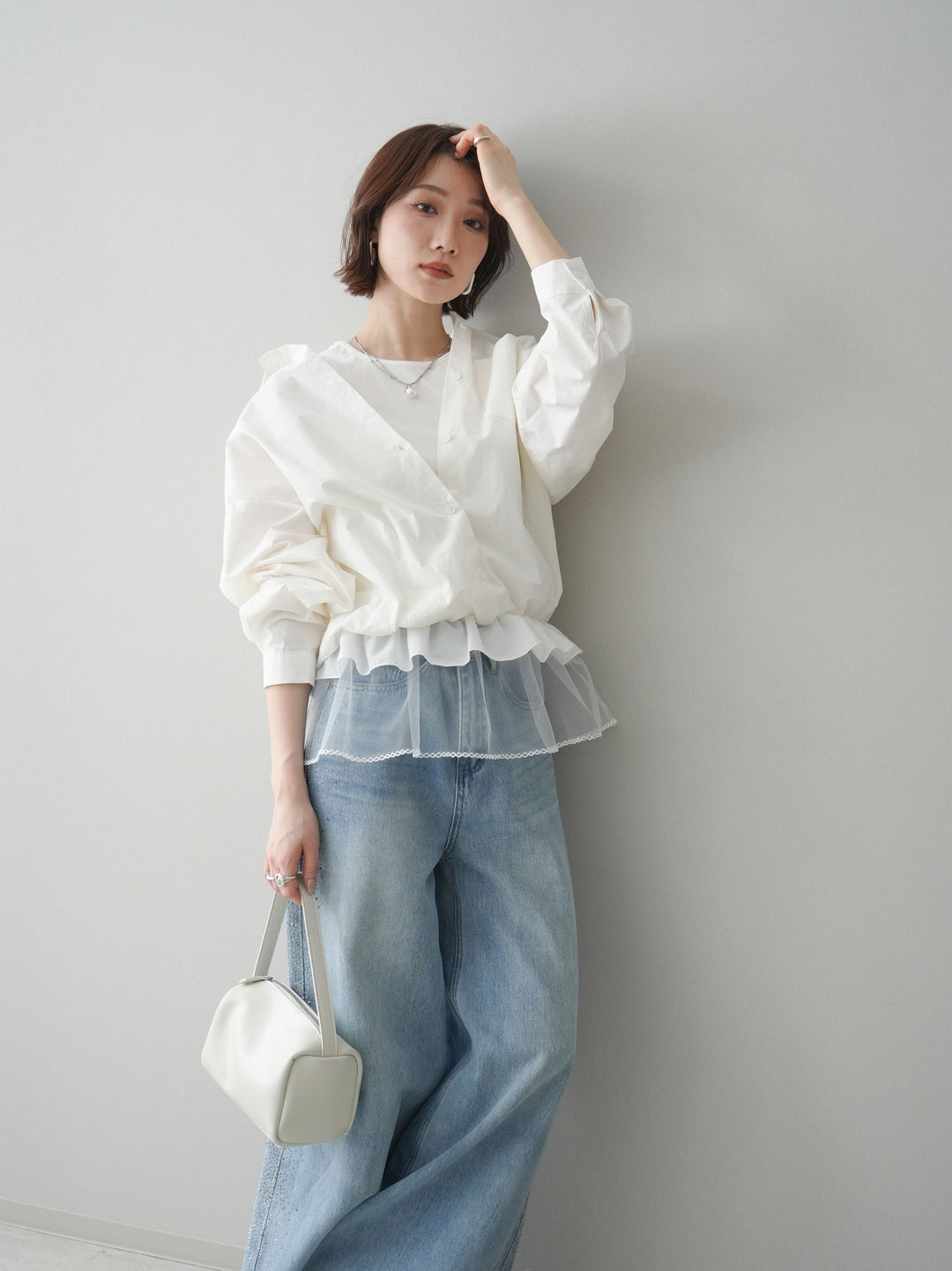 [予約]裾チュールノースリーブカットソー＆シャツドッキングトップス/white