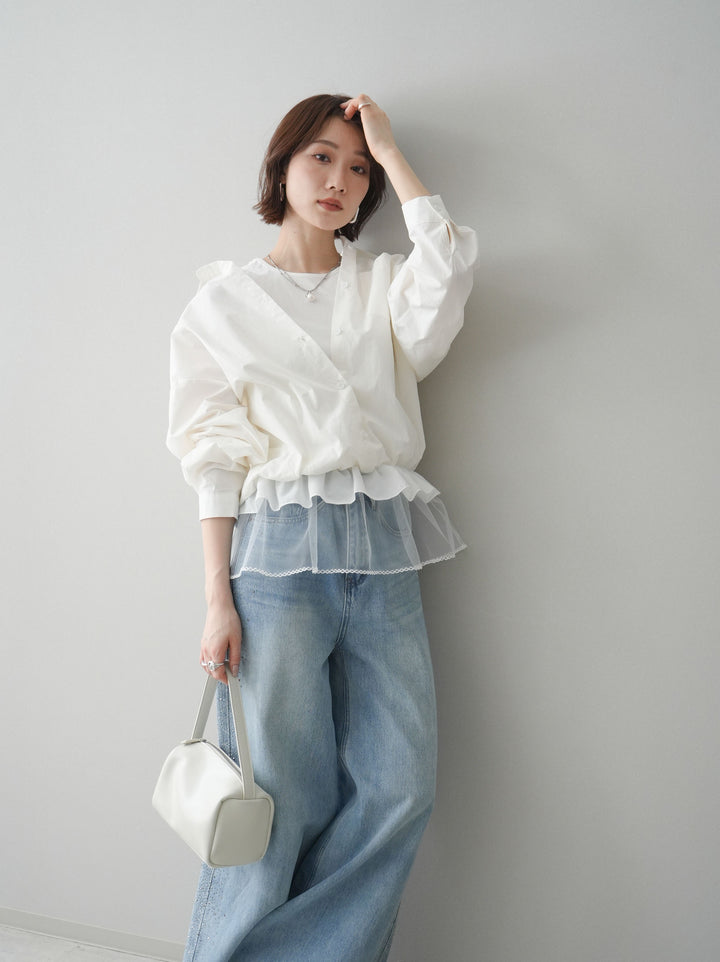 [予約]裾チュールノースリーブカットソー＆シャツドッキングトップス/white