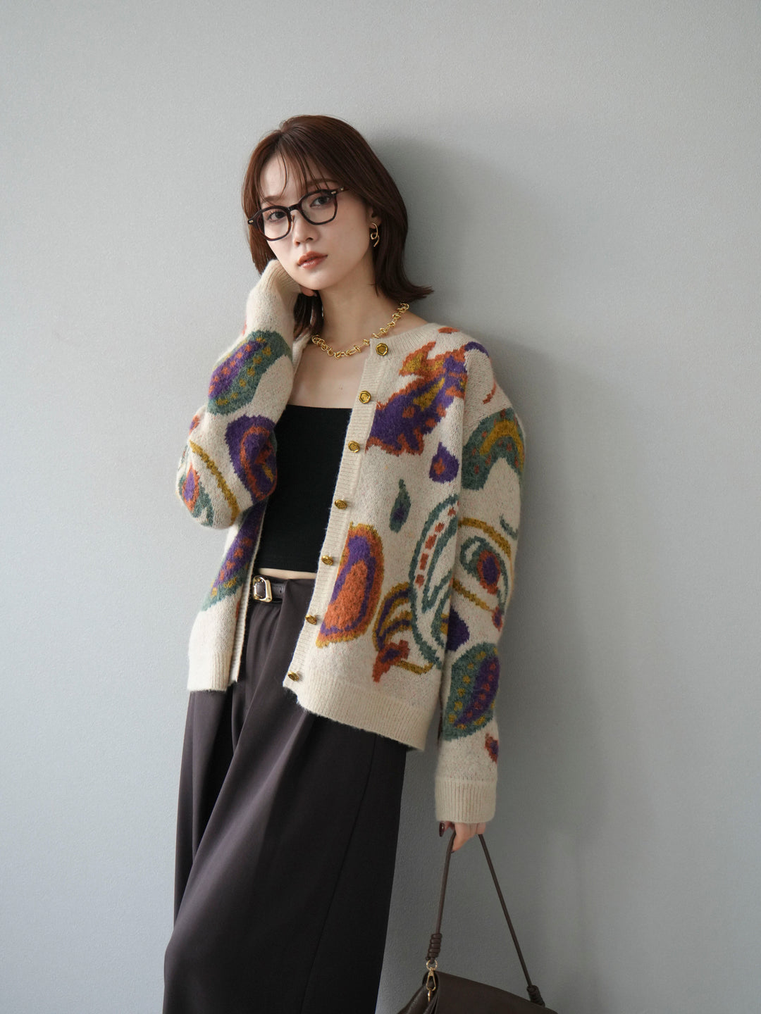 [SET]ミックスヤーンペイズリー柄ニットカーディガン+ベルトループデザインワイドパンツ(2set)