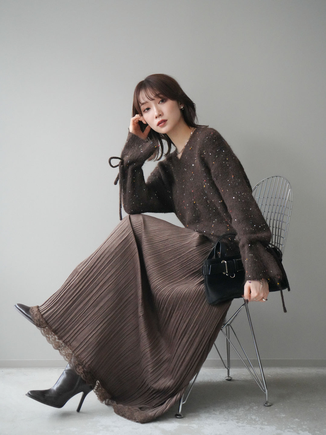 [予約]キャンディースリーブカラーネップスパンコールニットプルオーバー/brown