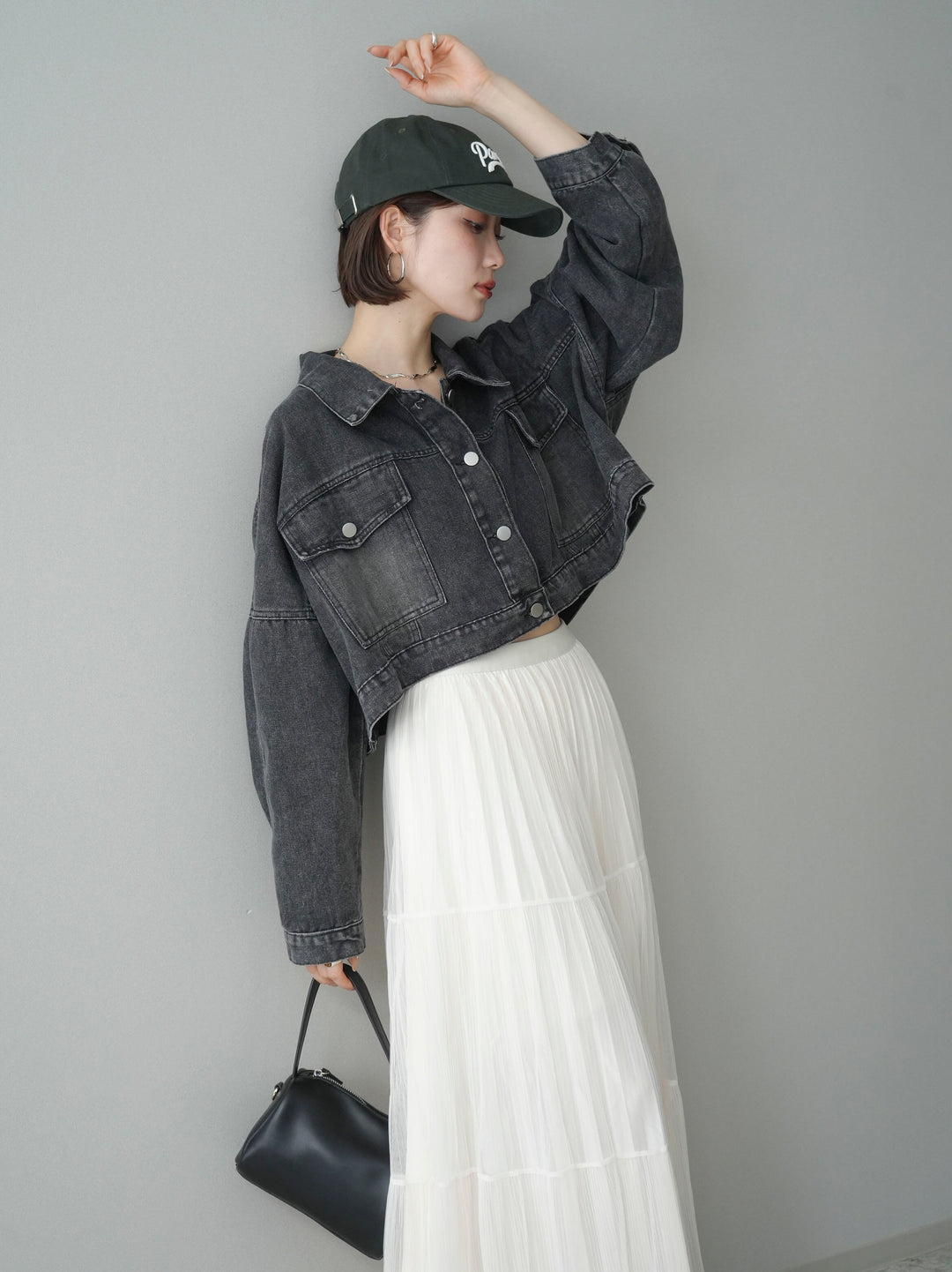 [SET]デニムショートシャツジャケット+ラメプリーツレイヤードチュールロングスカート(2set)