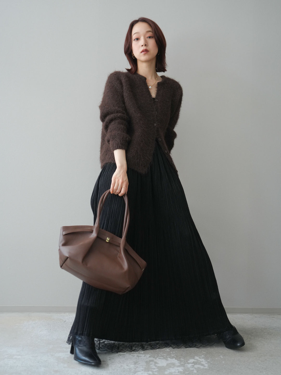 [予約]キーネックシャギーニットカーディガン/brown