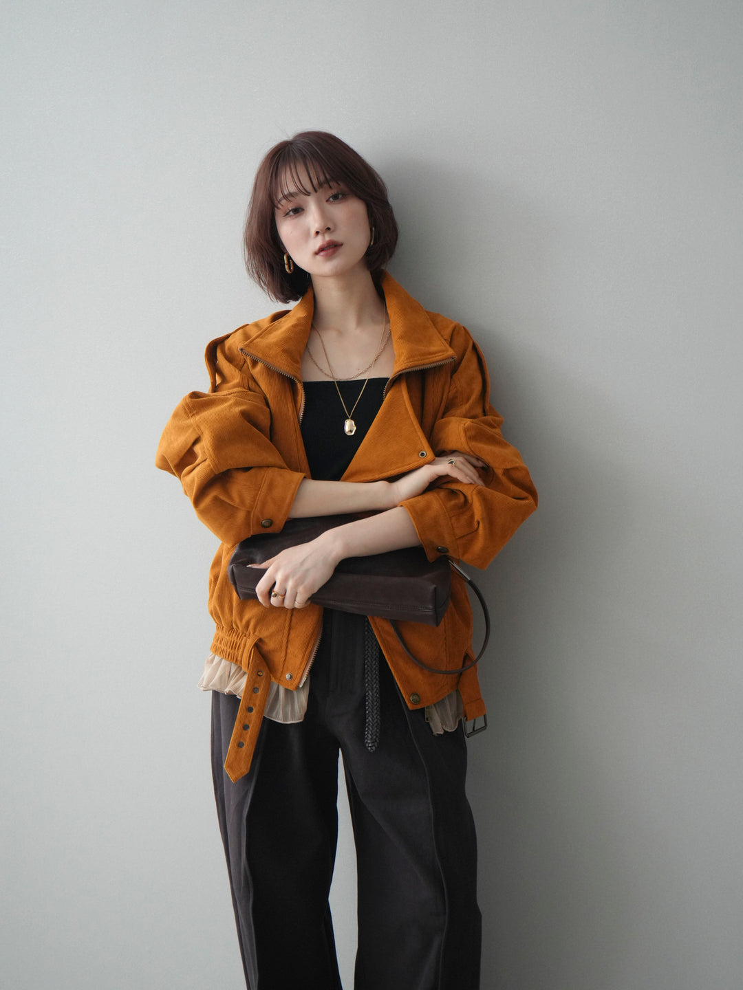 [SET]コーデュロイライダース裾レースブルゾン+カップ付テレコリブベアキャミソール+コットンツイルカーブパンツ(3set)