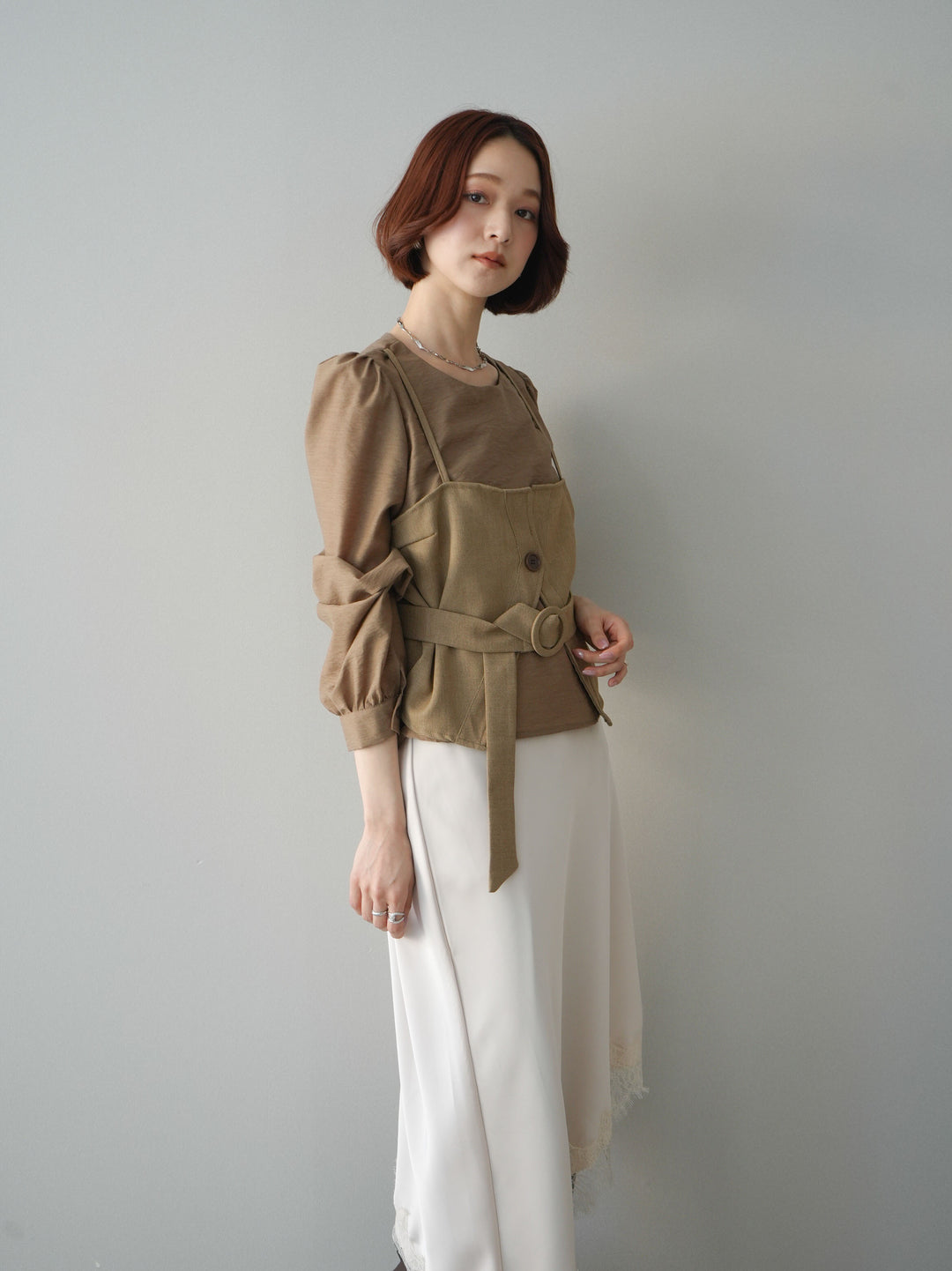 [SET]異素材ビスチェドッキングブラウス+センターシームフレアパンツ(2set)