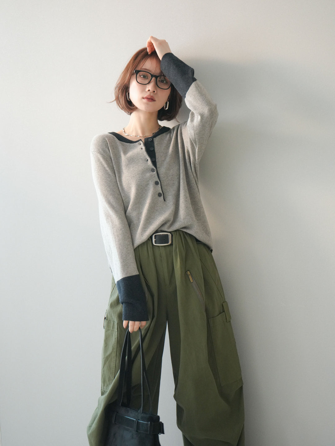 [SET]ヘンリーネック配色ニットソー+コットンタックループパンツ(2set)