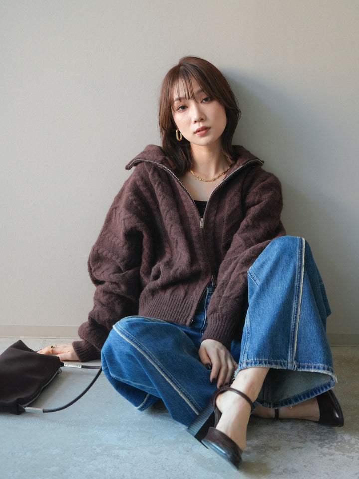 [予約]ケーブル編みハイネックZIPニットカーディガン/brown