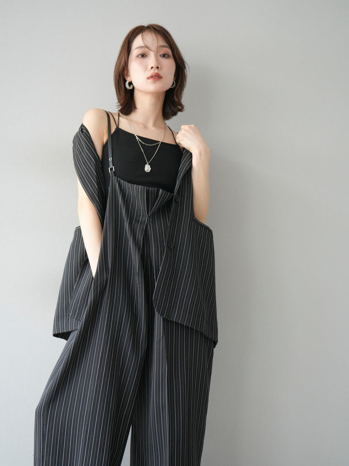 【着回しセット】[SET]ヘリンボーンストライプジレ+シアー切替ベロアトップス+ヘリンボーンストライプサロペット(3set)