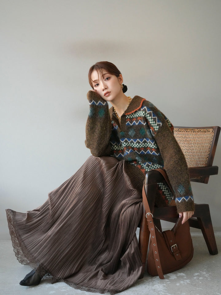 [予約]ノルディック柄ポロニットプルオーバー/ブラウン