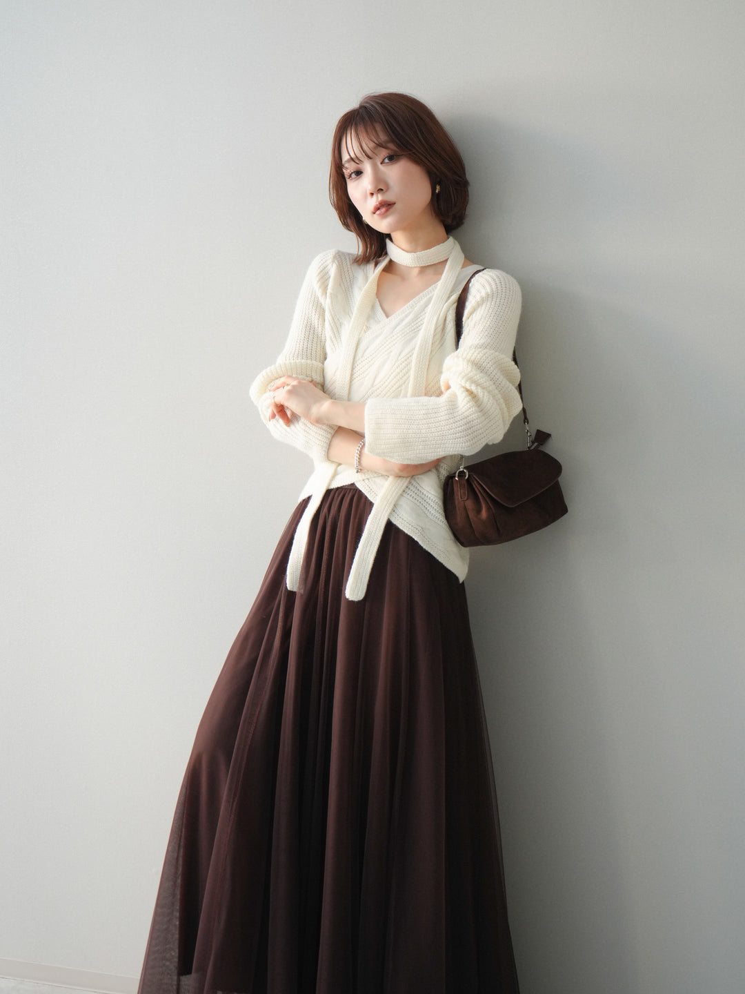 [SET]ケーブル編みクロスニットトップス+チュールボリュームスカート(2set)