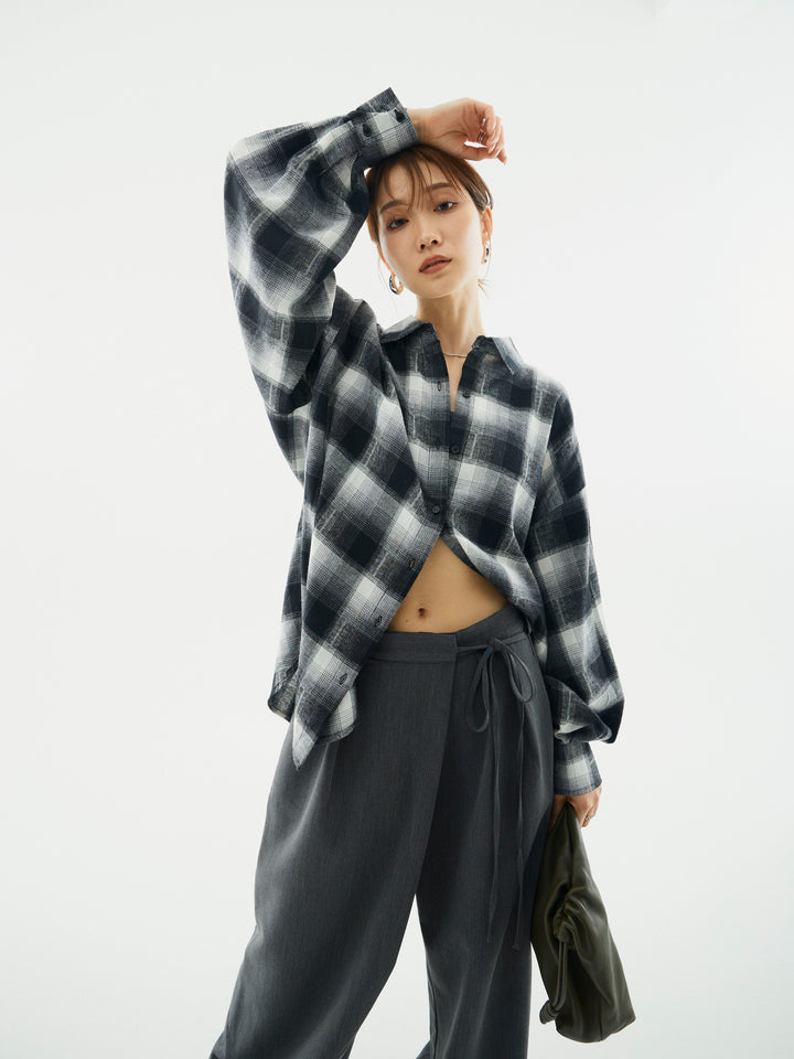 【Allure】[SET]オンブレチェックオーバーシャツ+ラップデザインタックワイドパンツ(2set)