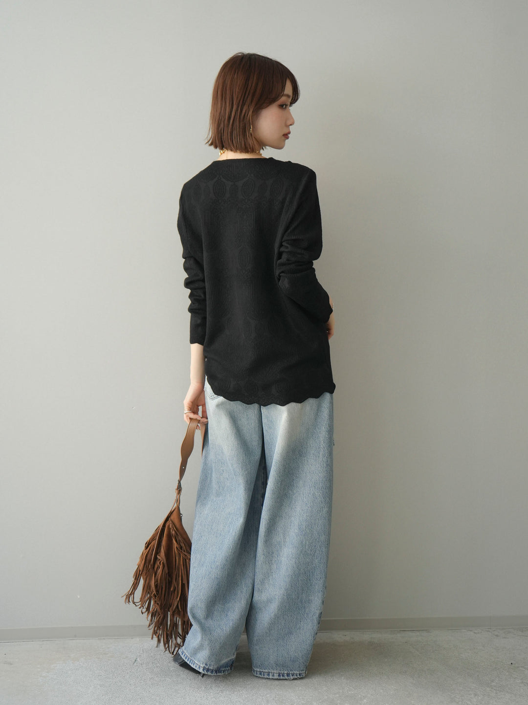 [SET]レースネックジャガードニットカーディガン+ダメージデニムセミワイドパンツ(2set)