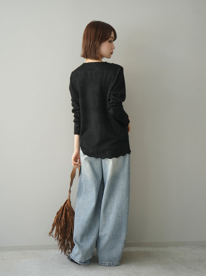 [SET]レースネックジャガードニットカーディガン+ダメージデニムセミワイドパンツ(2set)