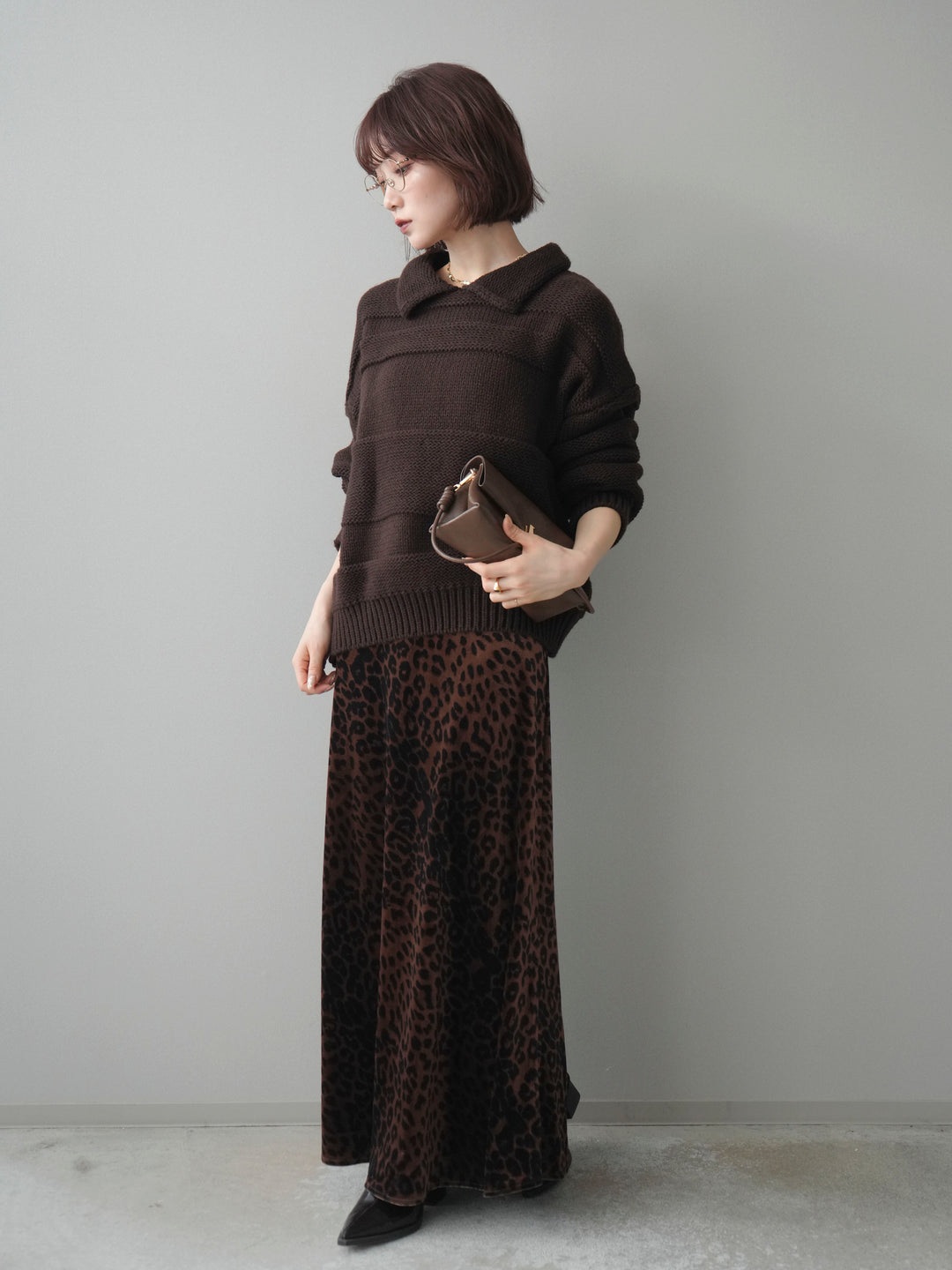[SET]襟付きボーダー編みニットプルオーバー+レオパードベロアナロースカート(2set)