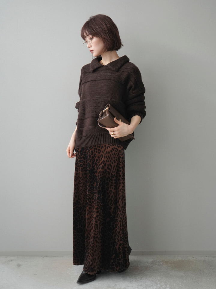 [SET]襟付きボーダー編みニットプルオーバー+レオパードベロアナロースカート(2set)