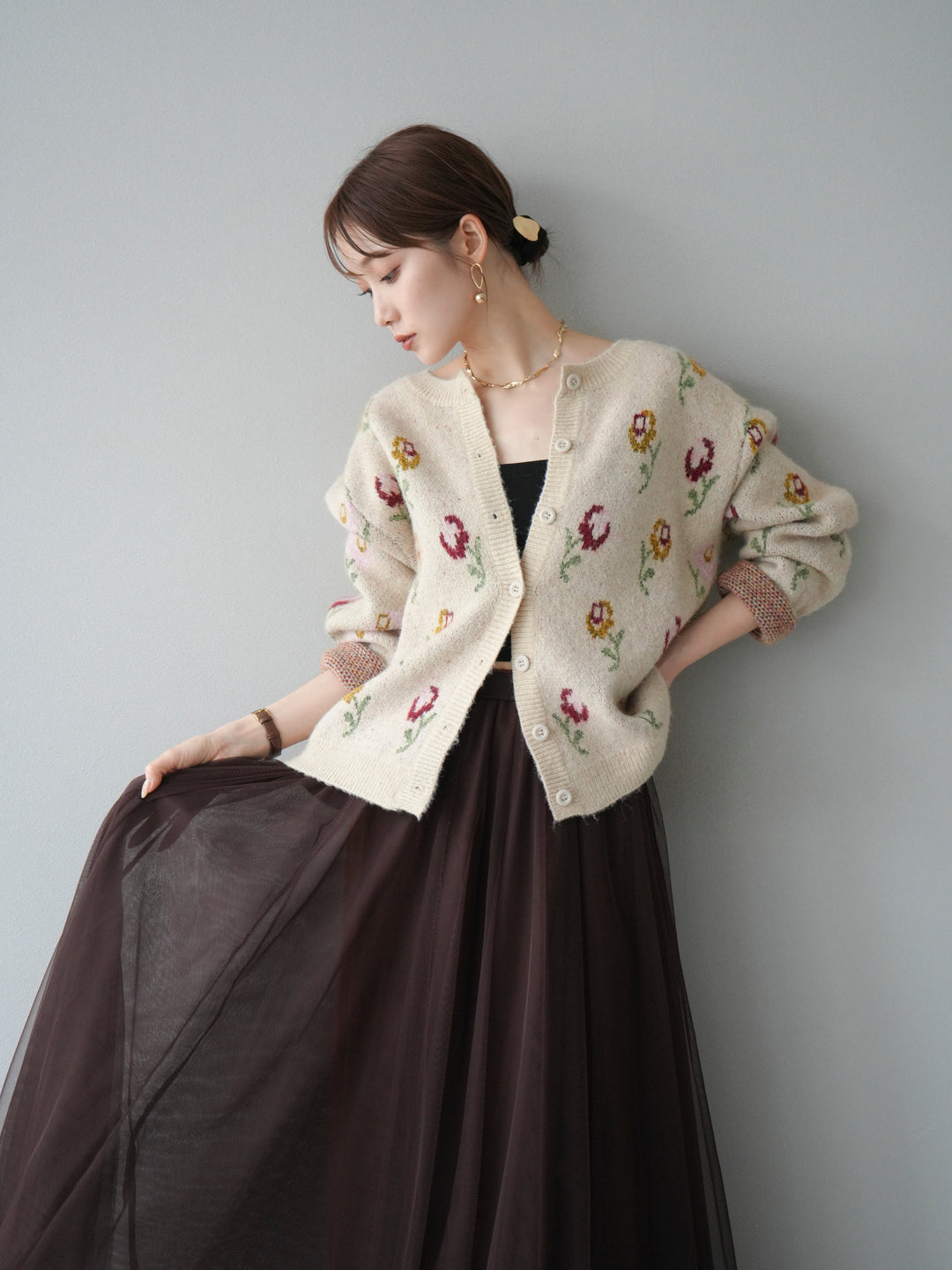 [予約]ウールタッチフラワーニットカーディガン/アイボリー