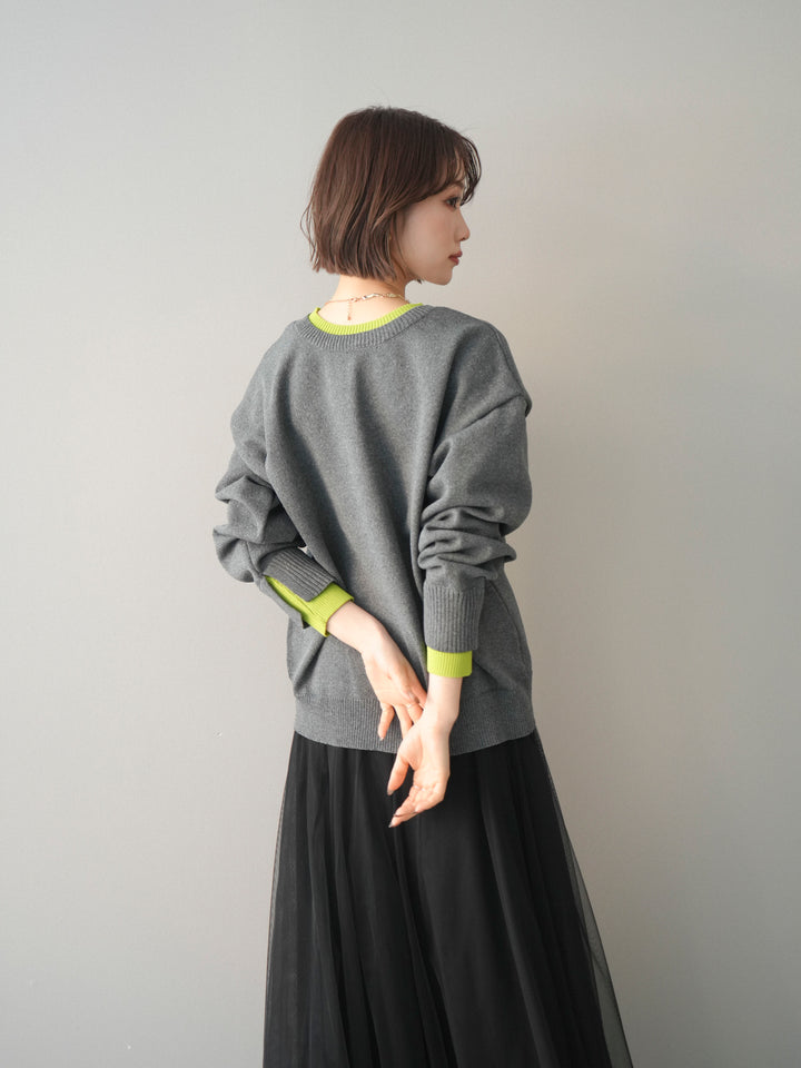 [予約]2WAYネック配色レイヤードニットプルオーバー/charcoal