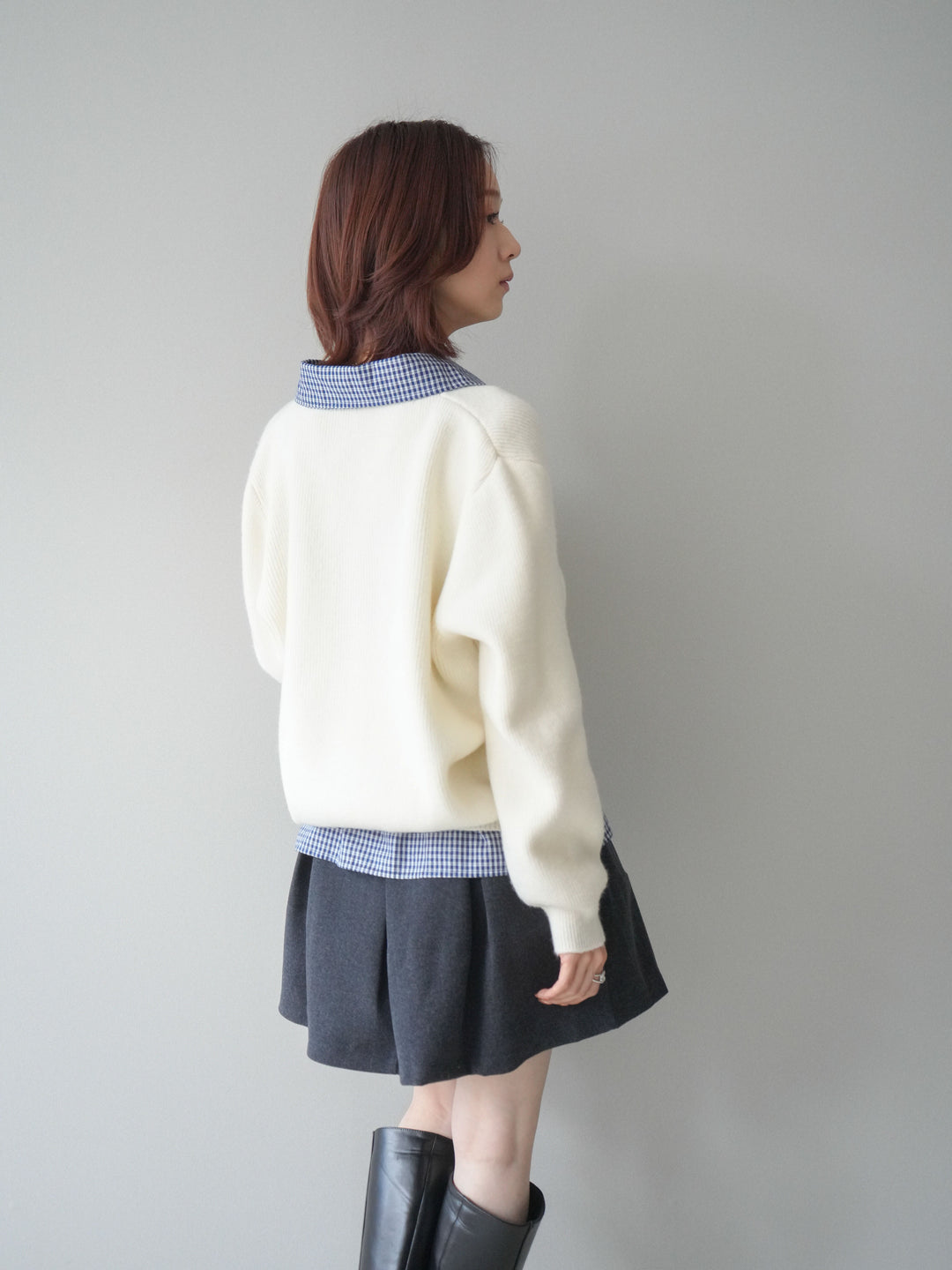 [SET]チェックシャツ襟ニットカーディガン+ベルト付きタックミニスカート(2set)