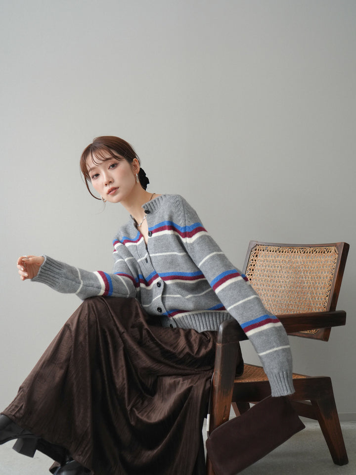[予約]ランダムボーダーニットカーディガン/gray