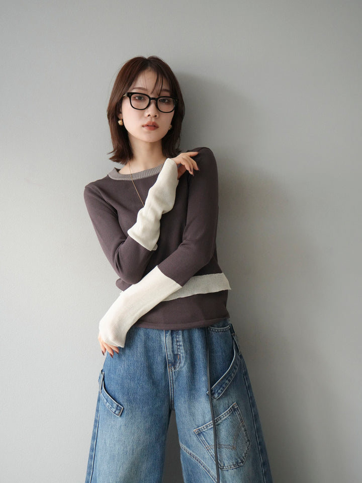 [予約]異素材配色デザインニットトップス/ブラウン