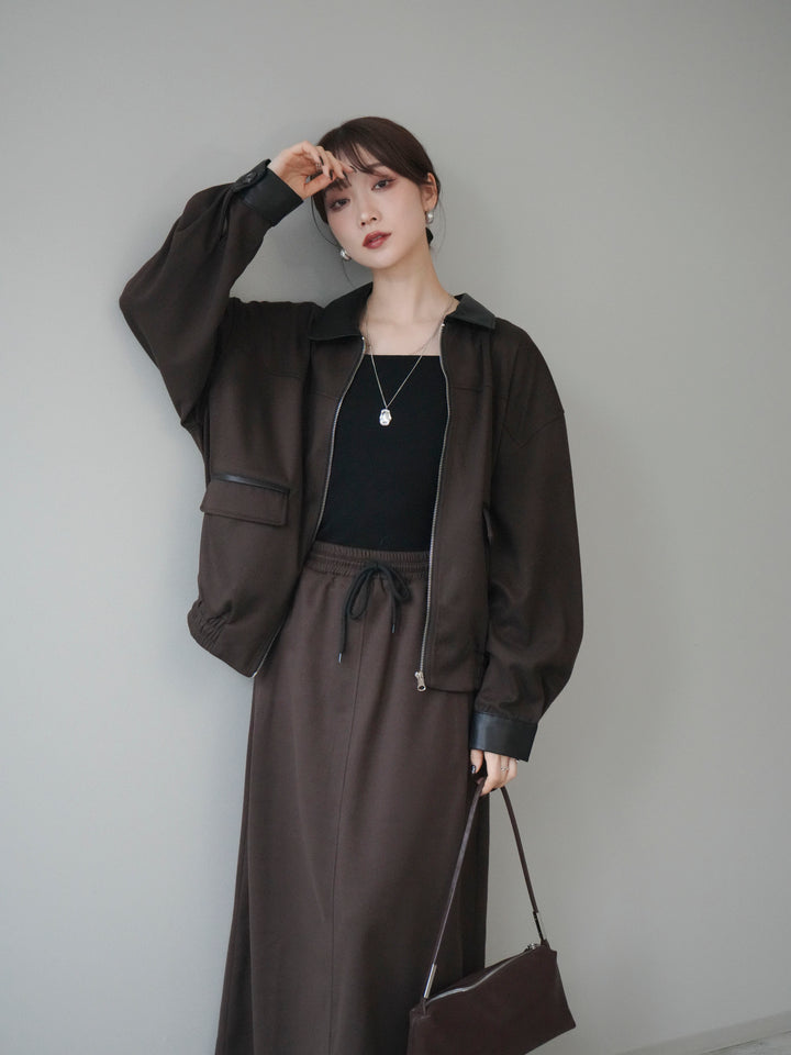 [予約]レザー襟配色パイピングブルゾン/brown