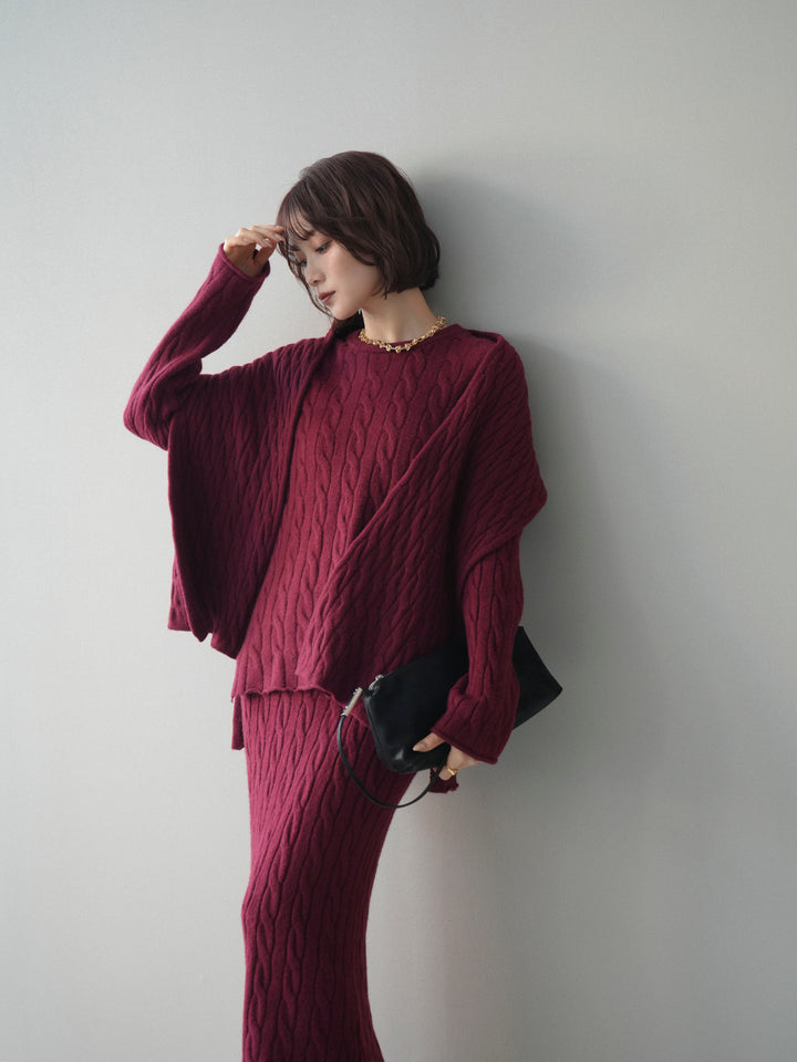 [SET]ストール付ケーブルニットプルオーバー&ロングスカートSET UP+選べるアクセセット(2set)