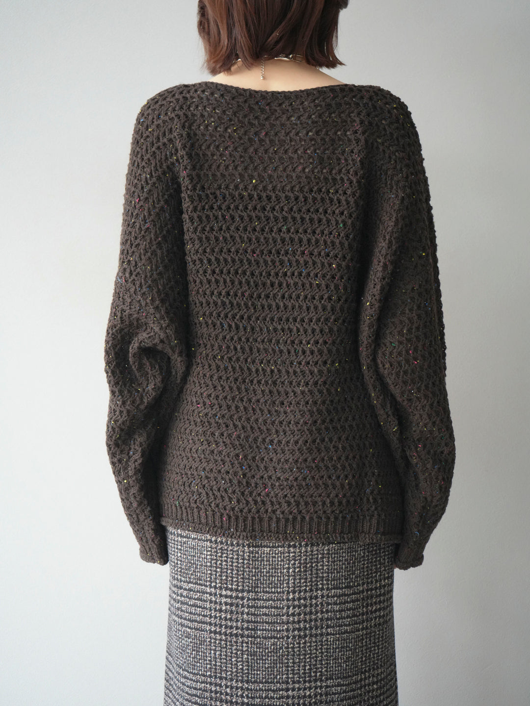 [予約]ネップ透かし編みオーバーニット/brown