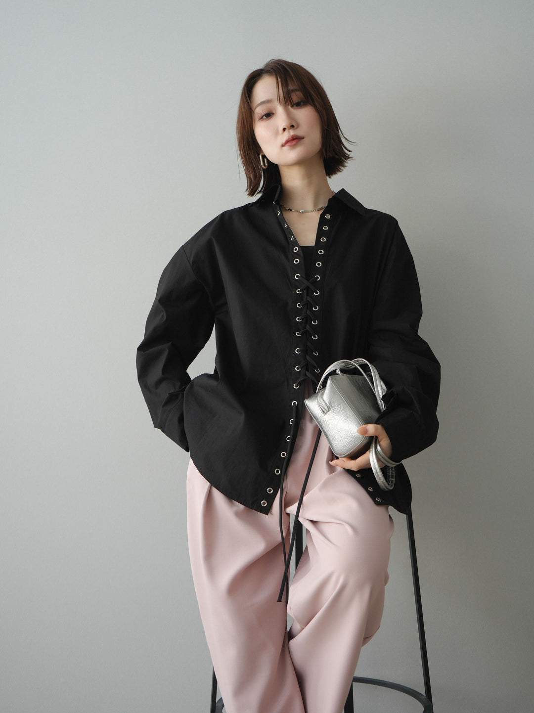 [SET]レースアップブロードシャツ+ベルト付キーホルダーモチーフワイドパンツ(2set)