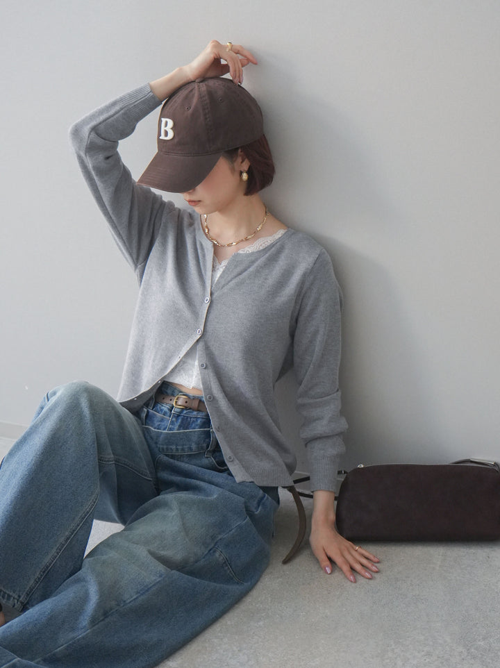 [SET]レースレイヤードニットカーディガン+アシメデザインワイドデニムパンツ(2set)