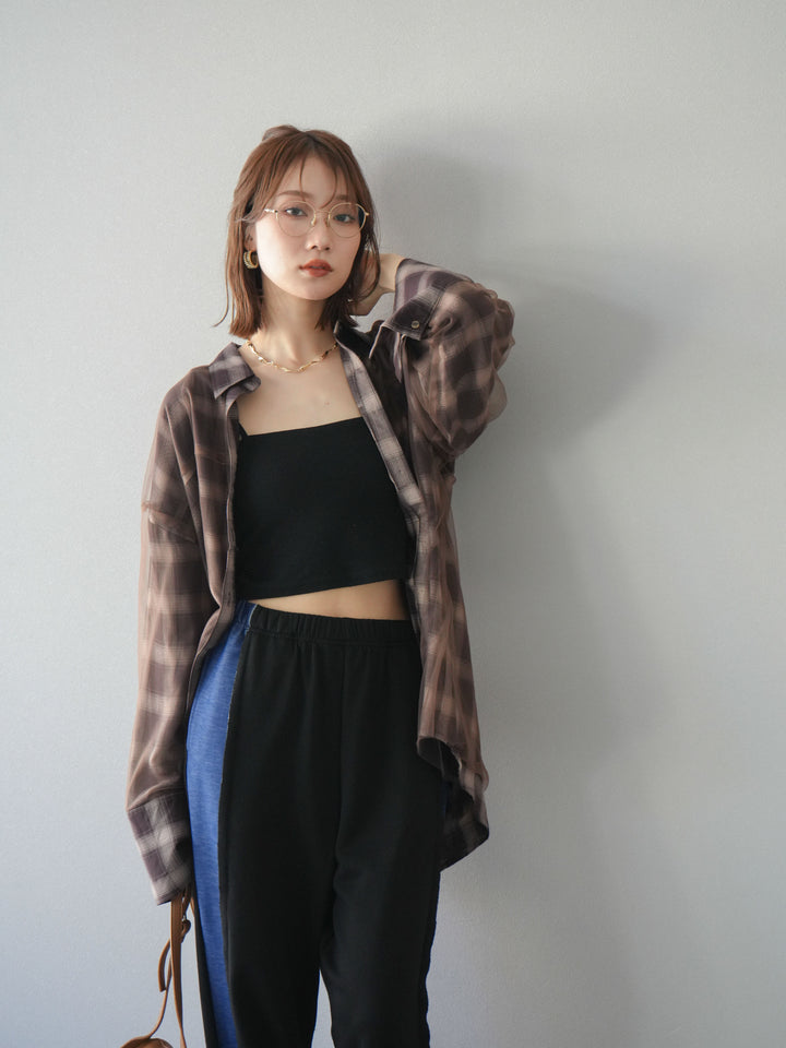 [套裝] 薄紗對接格紋寬鬆襯衫 + 牛仔布 Switch 2-Way 設計運動褲 (2 套)
