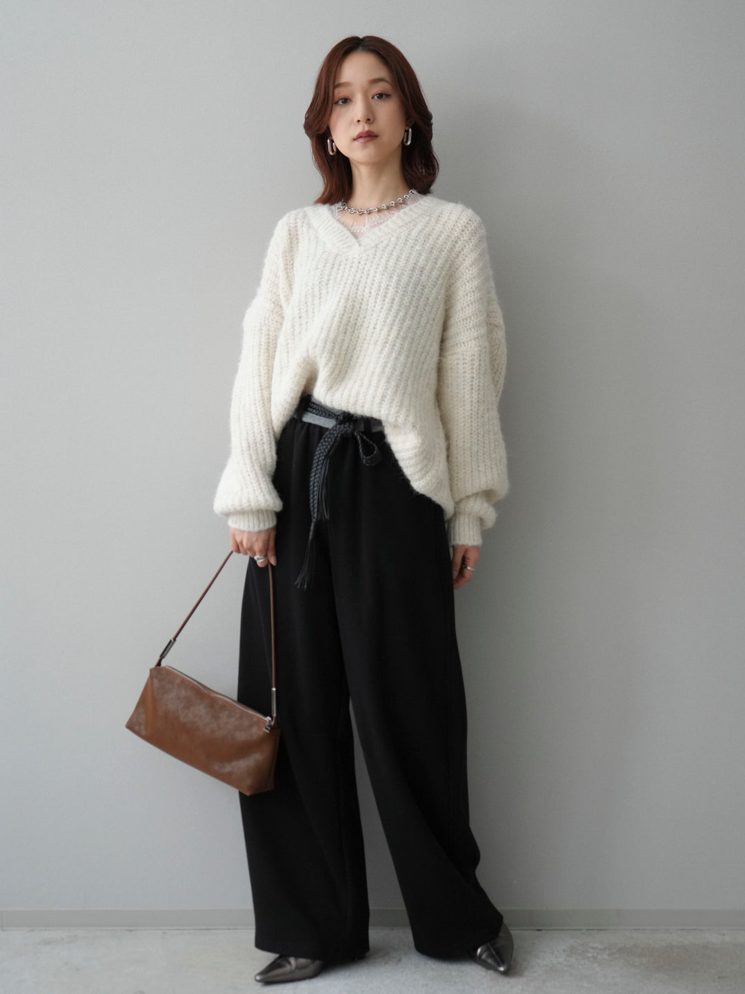 [SET]Vネックレースニットプルオーバー+編み込みベルト付きウエスト配色スエットパンツ(2set)