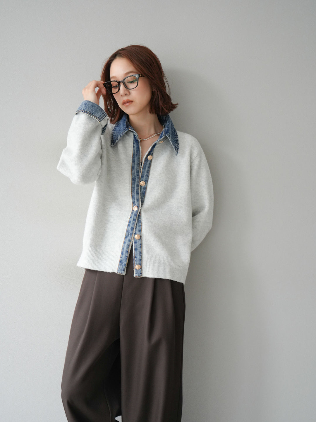 [SET]デニム襟ボタンニットカーディガン+エステルタックワイドパンツ(2set)