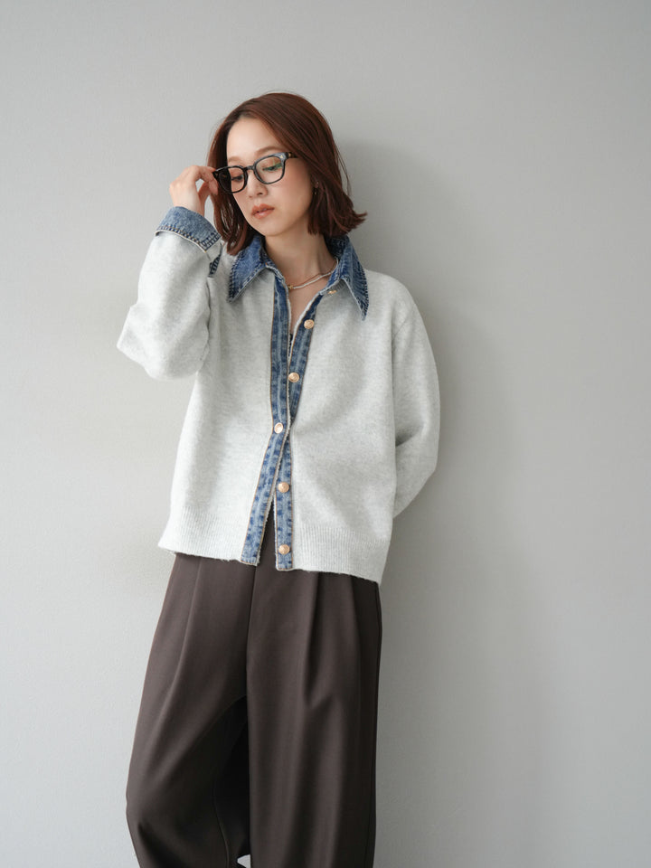 [SET]デニム襟ボタンニットカーディガン+エステルタックワイドパンツ(2set)