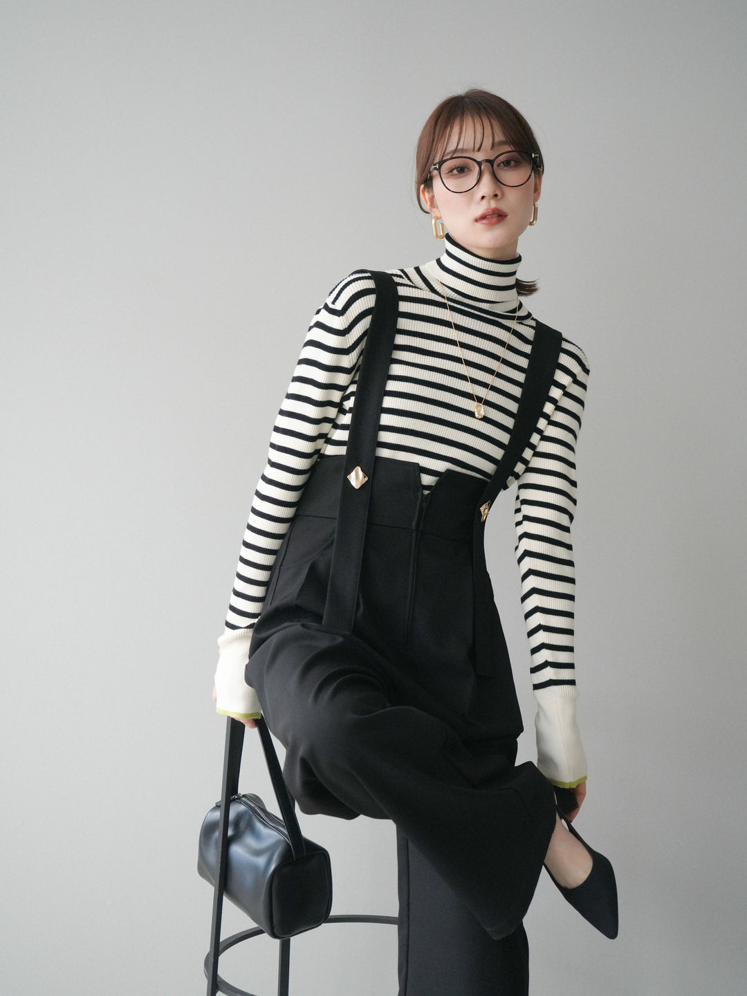 [SET]袖配色ハイネックボーダーリブニットトップス+袖配色ハイネックボーダーリブニットトップス(2set)