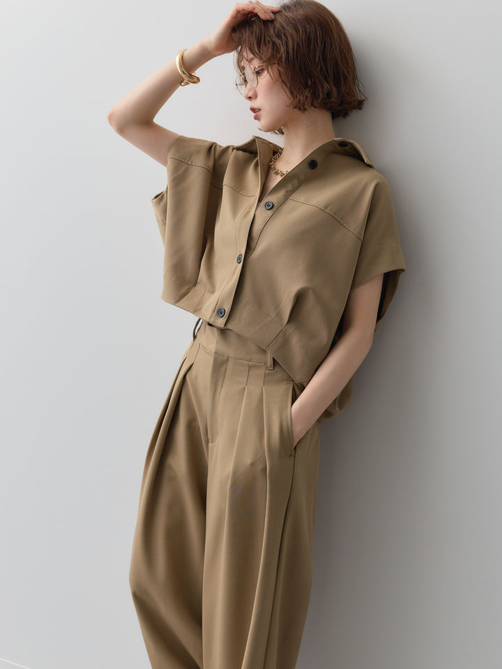 【套裝】縐綢燈籠無袖襯衫 + 縐綢闊腿褲（兩件套）