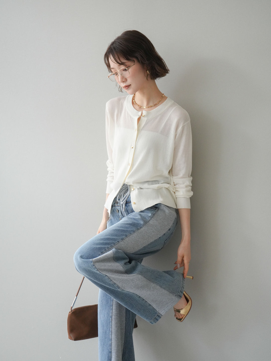 [予約]ゴールドボタンシアーニットカーディガン/offwhite