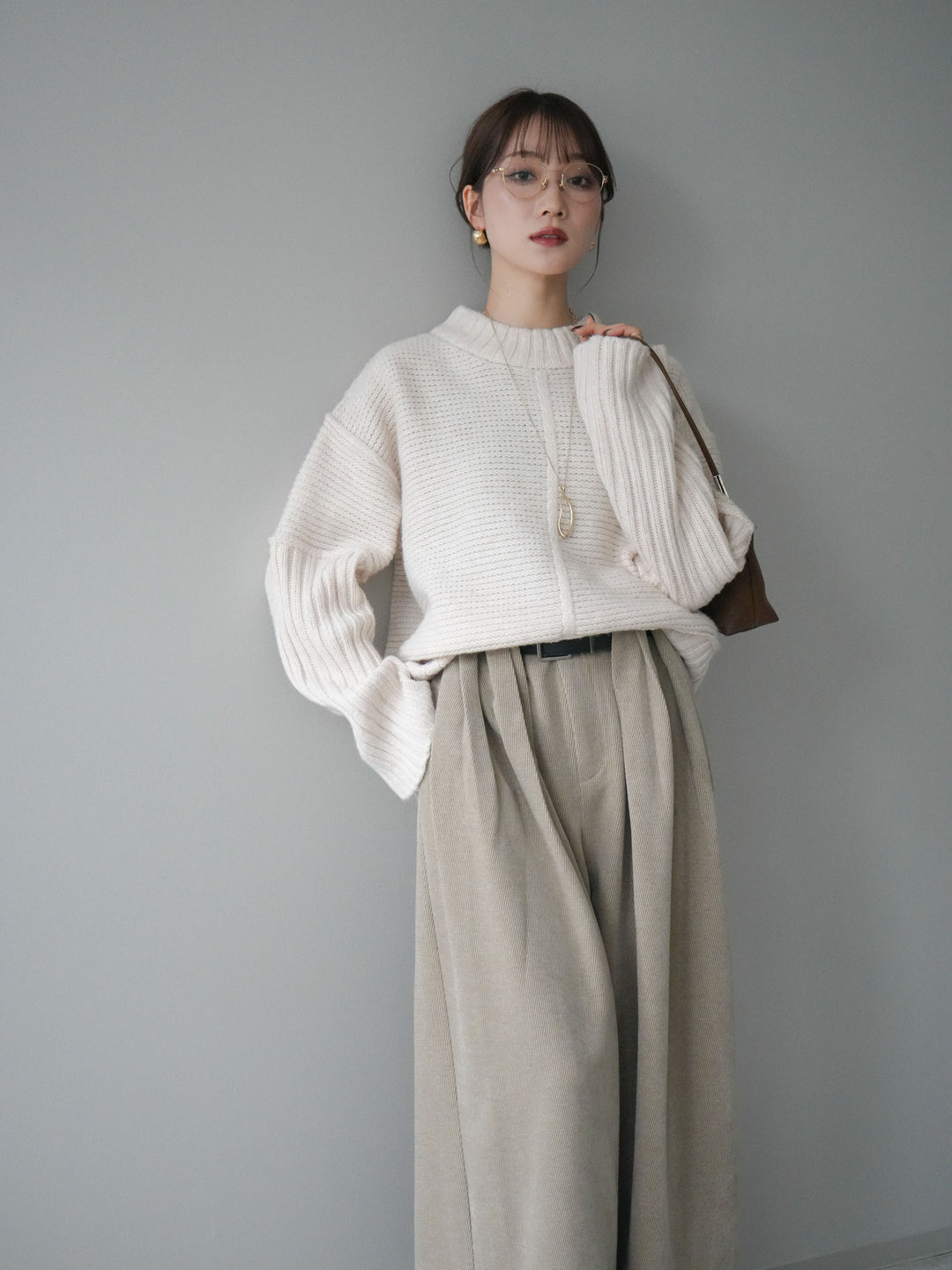 [SET]編み地切替ボトルネックニットプルオーバー+ベルトデザインループコールテンワイドパンツ(ベルト付き)(2set)