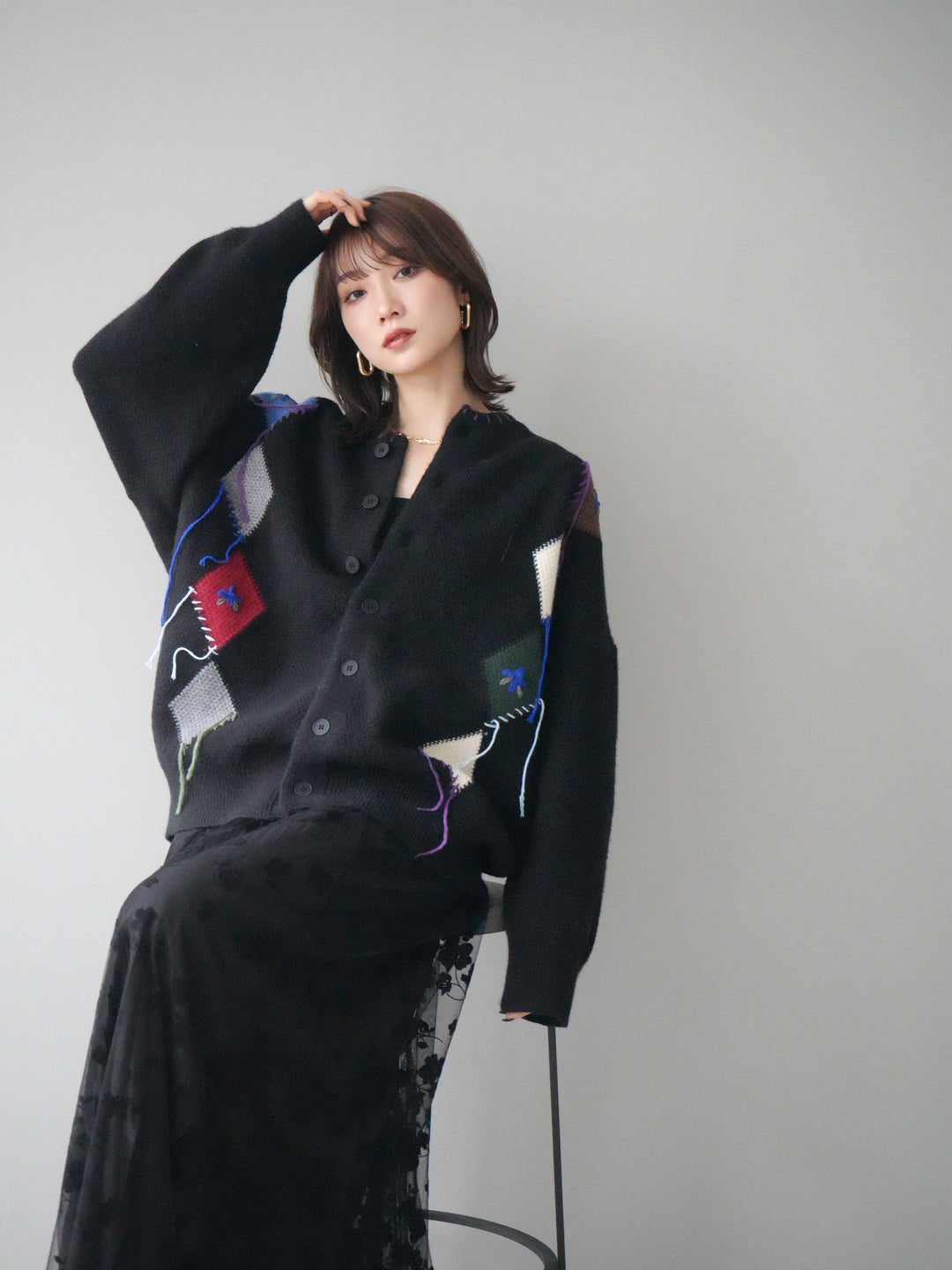 [予約]ハンドステッチアーガイルデザインニットカーディガン/black