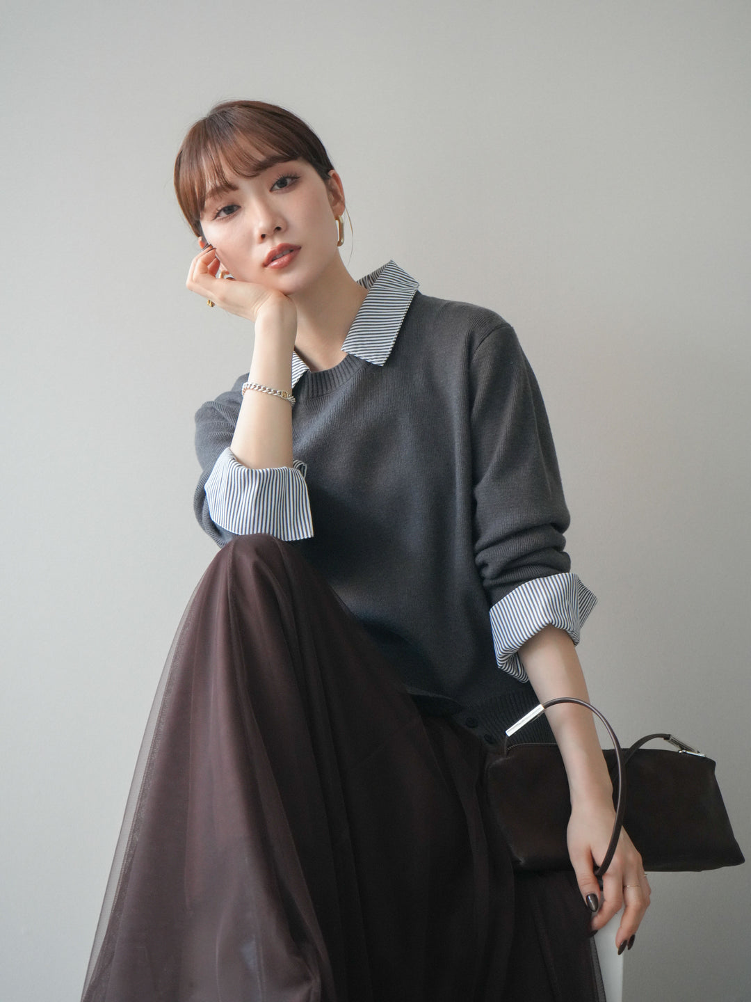 [予約]シャツドッキングデザイン裾ボタンニットプルオーバー/gray