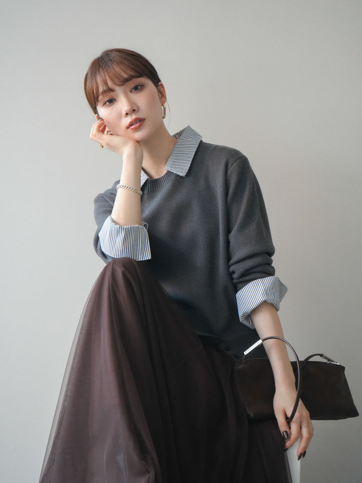 [予約]シャツドッキングデザイン裾ボタンニットプルオーバー/gray