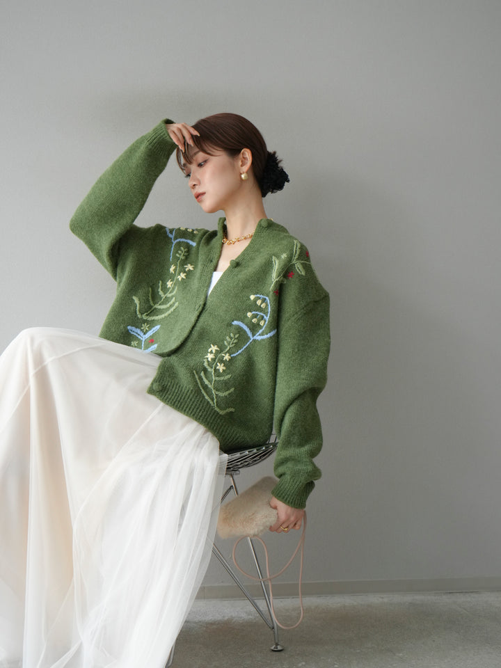 [予約]フラワー刺繍ニットカーディガン/グリーン