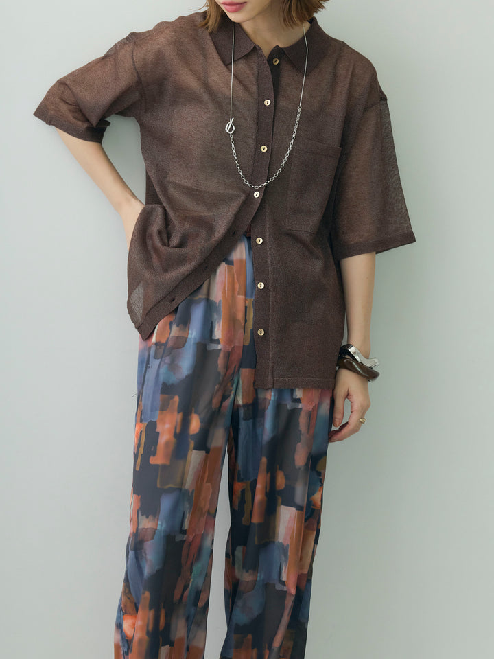 [SET]シアーハーフラメニットシャツ+ニュアンスプリントイージーパンツ(2set)