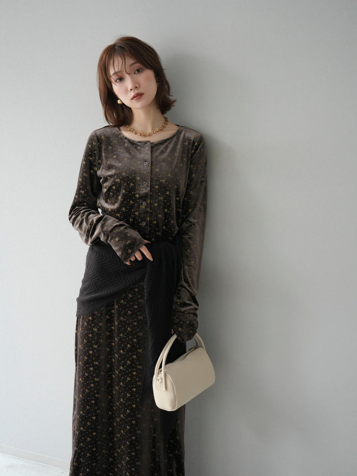 [SET]ベロアフラワープリントカーディガン+ベロアフラワープリントIラインスカート(2set)