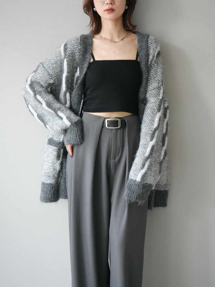 [SET]バイカラー編み込みデザインニットカーディガン+ベルトループデザインワイドパンツ(2set)