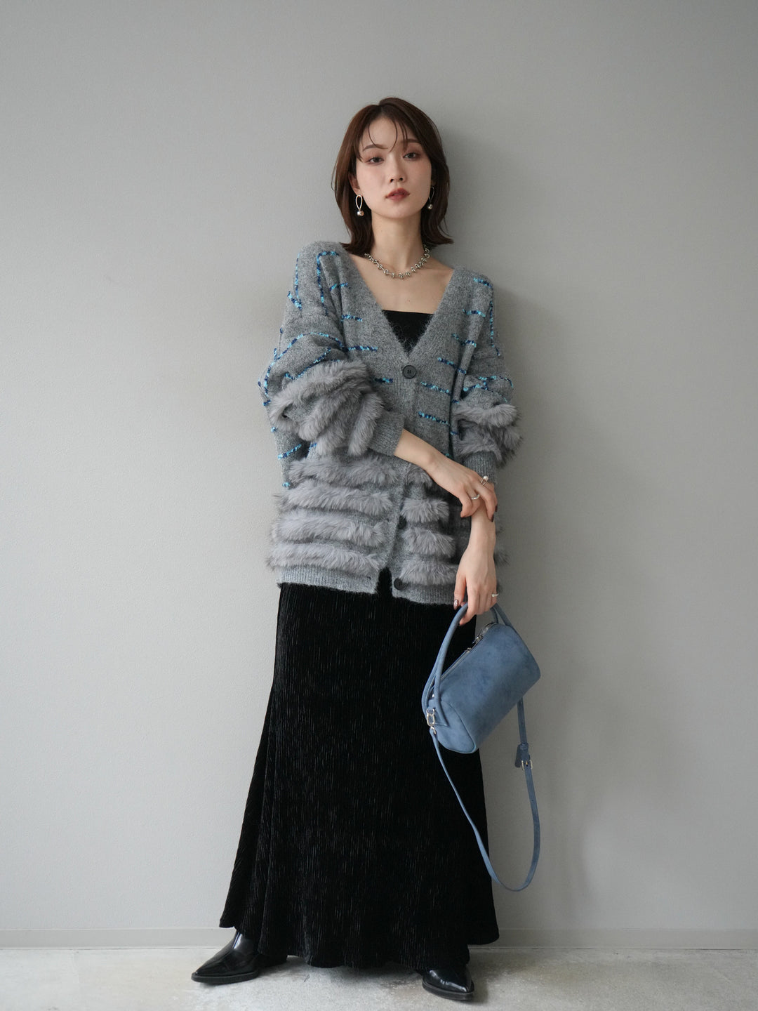 [SET]フェザーライン配色シャギーニットカーディガン+ベロアプリーツナロースカート(2set)