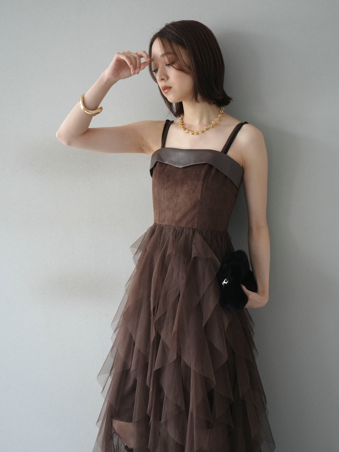 [予約]レザー切替チュールラッフルワンピース/brown