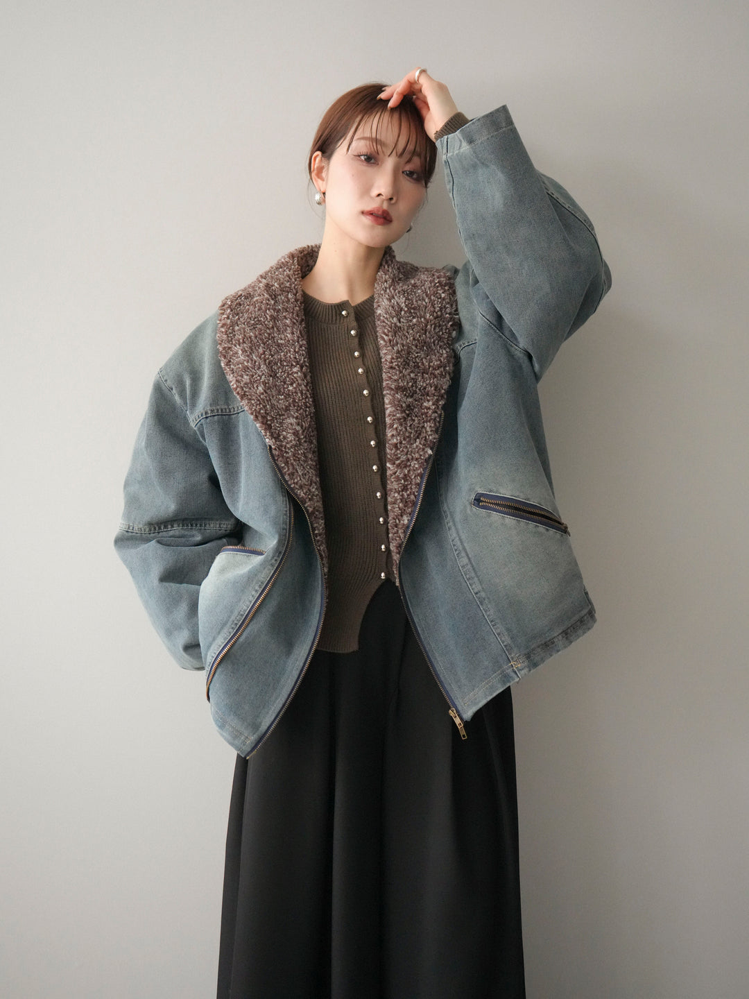 [SET]ミックスボアデニムジャケット+シルバーボタン畦編みニットカーディガン+テープベルトタックバギーパンツ(3set)