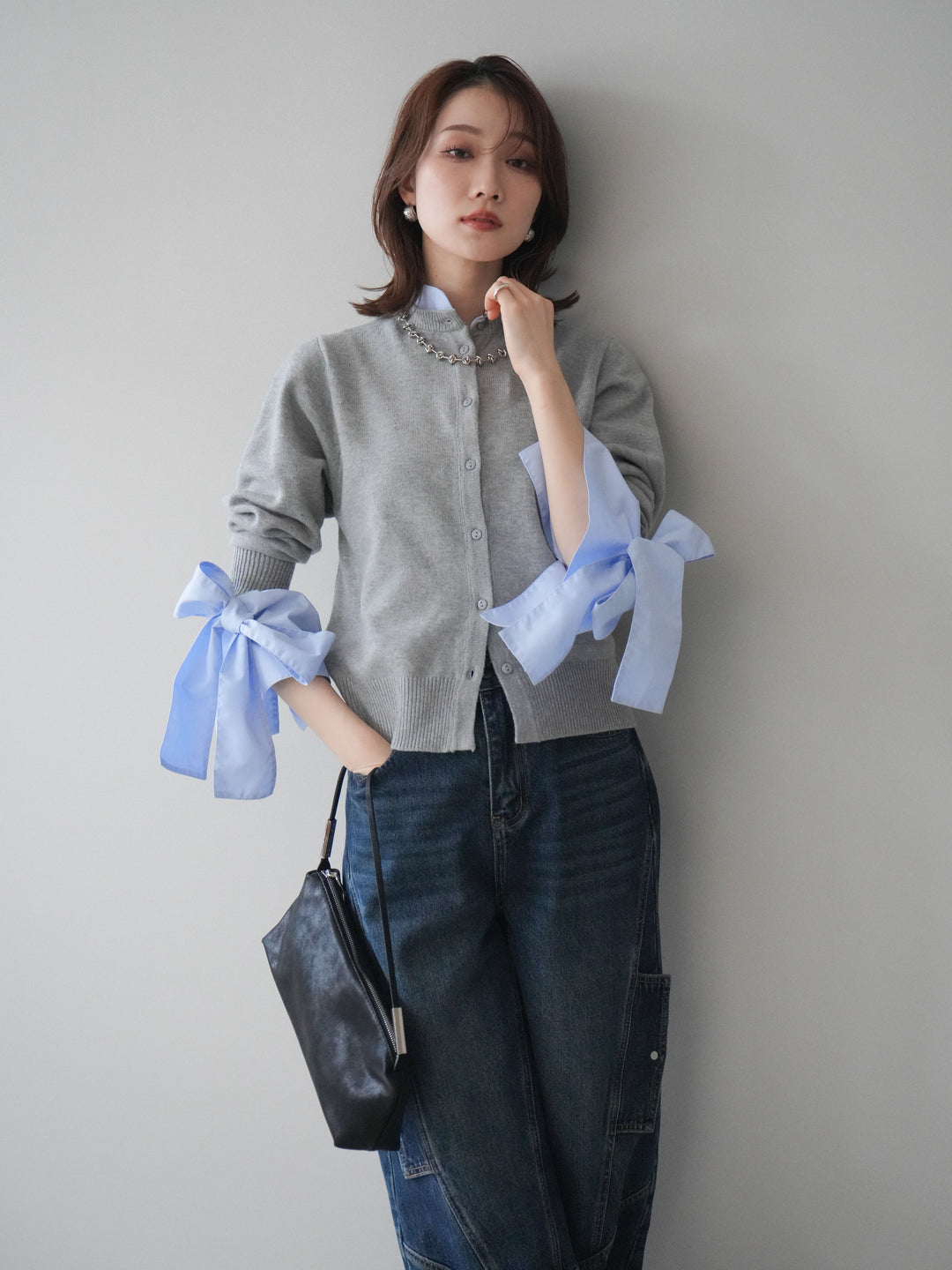 [予約]ウールライクリボンシャツカーディガン/gray