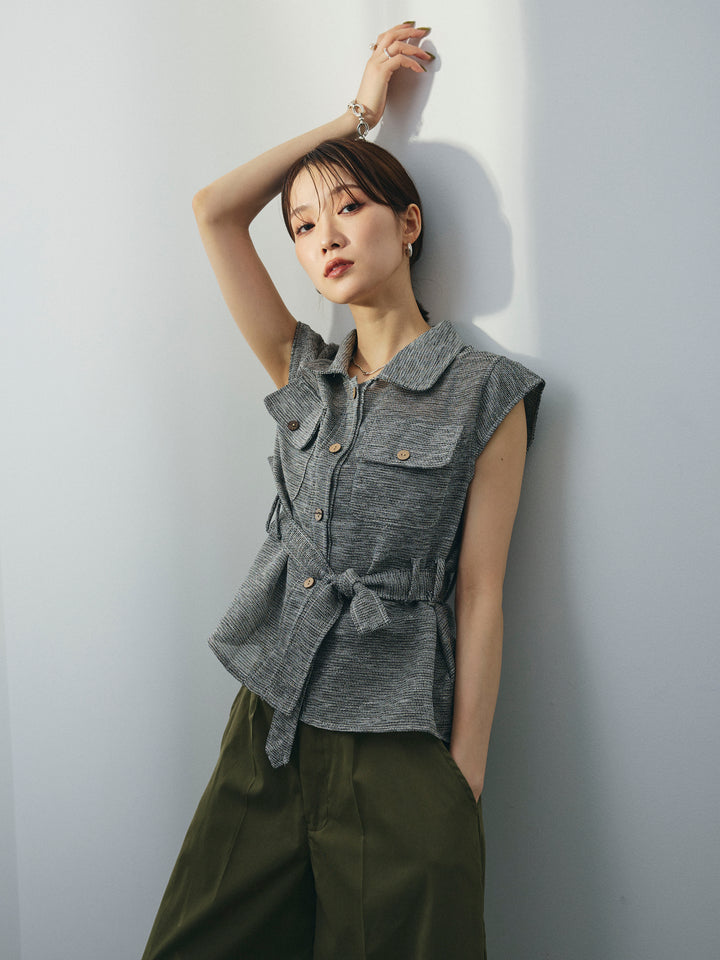 [SET]ミックスヤーンメッシュブラウス+コクーンワイドチノパンツ(2set)