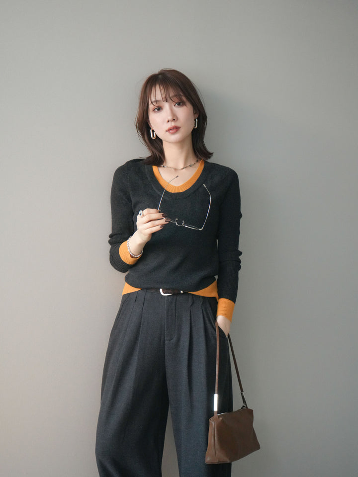 [SET]Uネック配色レイヤードリブニットトップス+Uネック配色レイヤードリブニットトップス(2set)