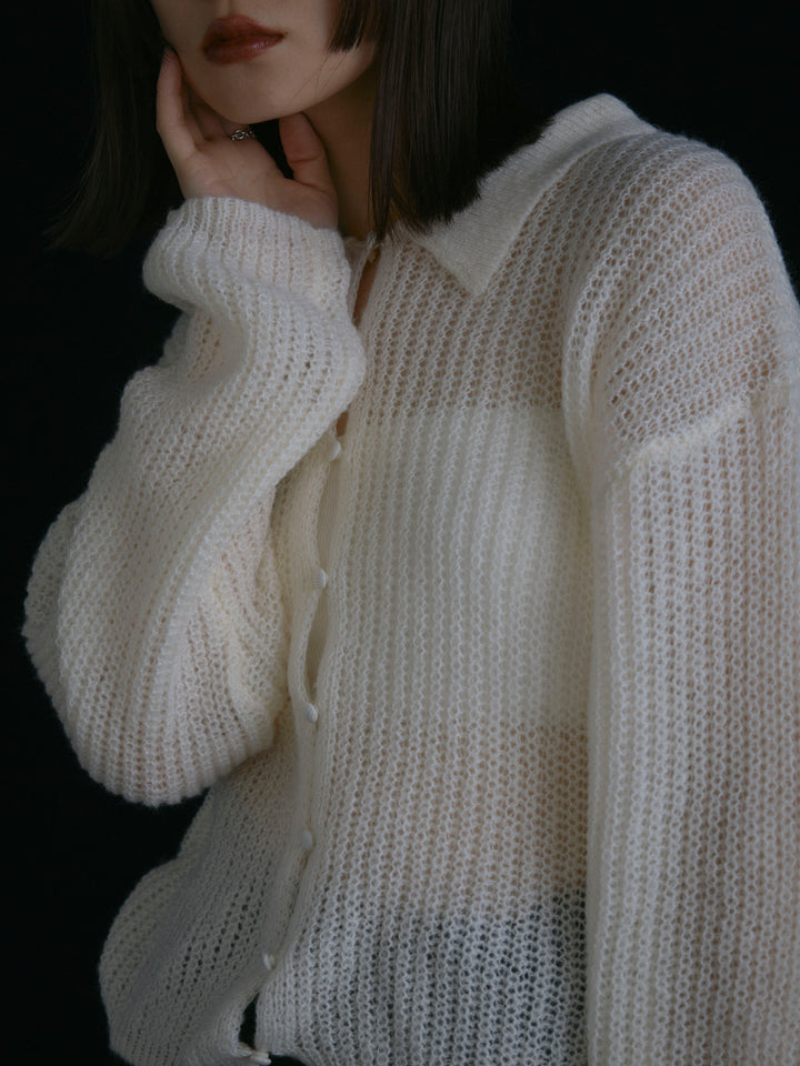 【Allure】[SET]起毛片畦編みシアーポロニット+ラップデザインタックワイドパンツ(2set)